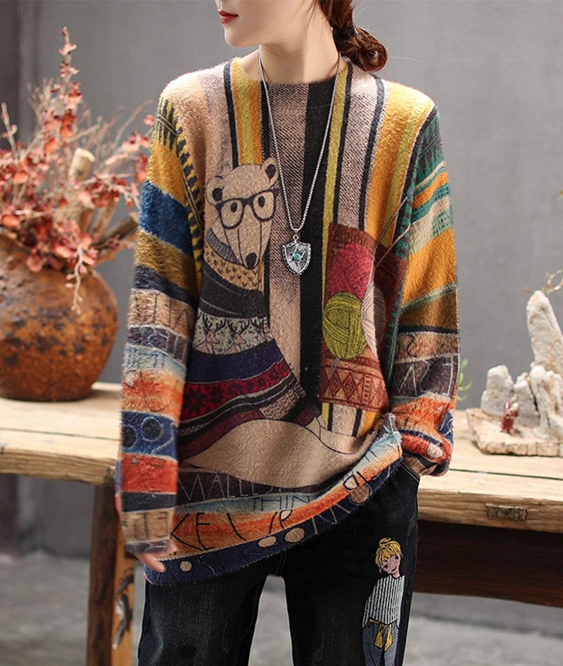 YESNO Women Sweater Graphic Oversized Pullover Sweaters Casual Loose Long Sleeve Knit Tops M S01 CR31 - Image 2